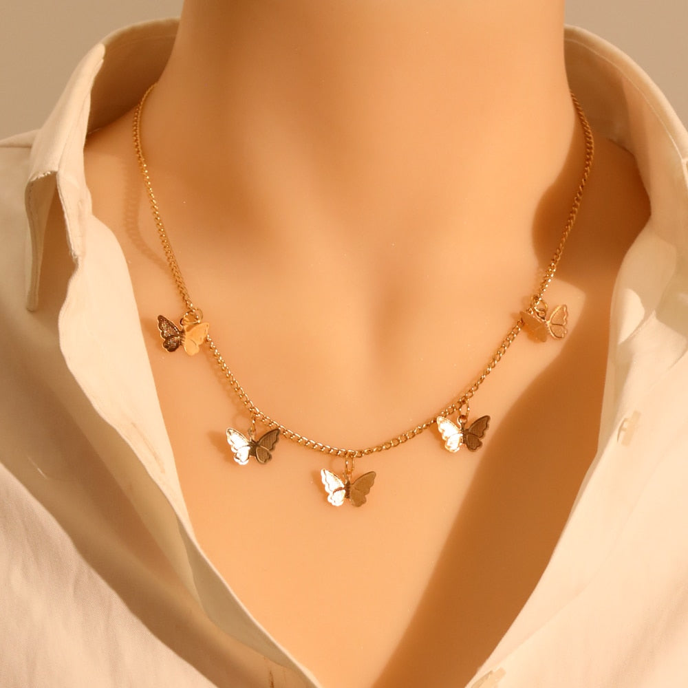 LATS Gold Silver Color Chain Pendant Butterfly Necklace for Women Layered Charm Choker Necklaces Boho Beach Jewelry Gift