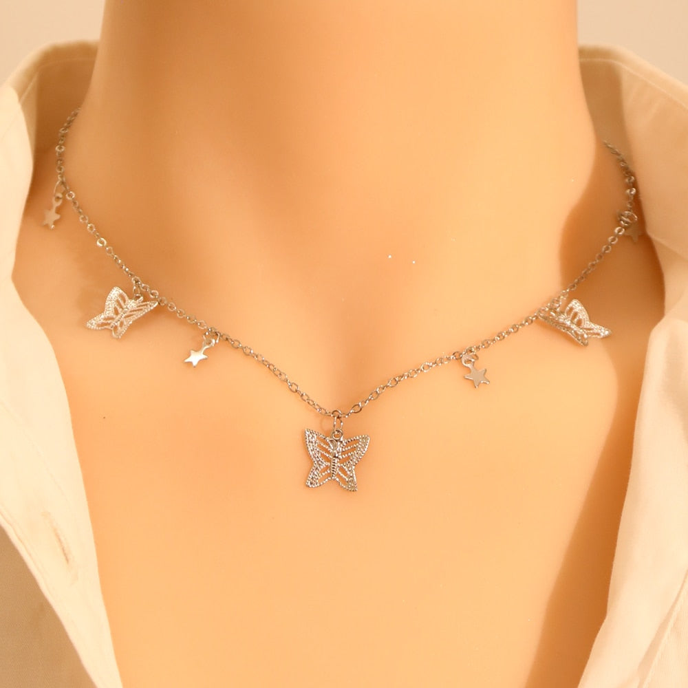 LATS Gold Silver Color Chain Pendant Butterfly Necklace for Women Layered Charm Choker Necklaces Boho Beach Jewelry Gift