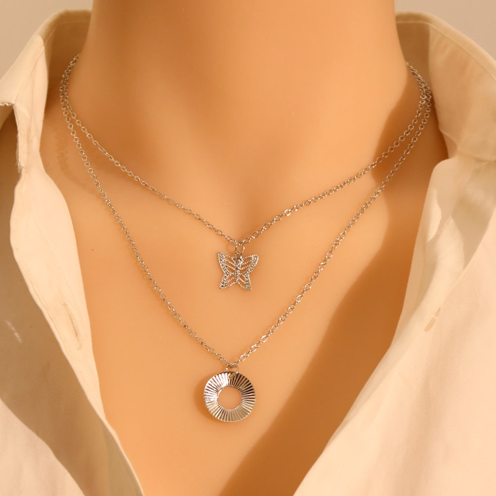 LATS Gold Silver Color Chain Pendant Butterfly Necklace for Women Layered Charm Choker Necklaces Boho Beach Jewelry Gift