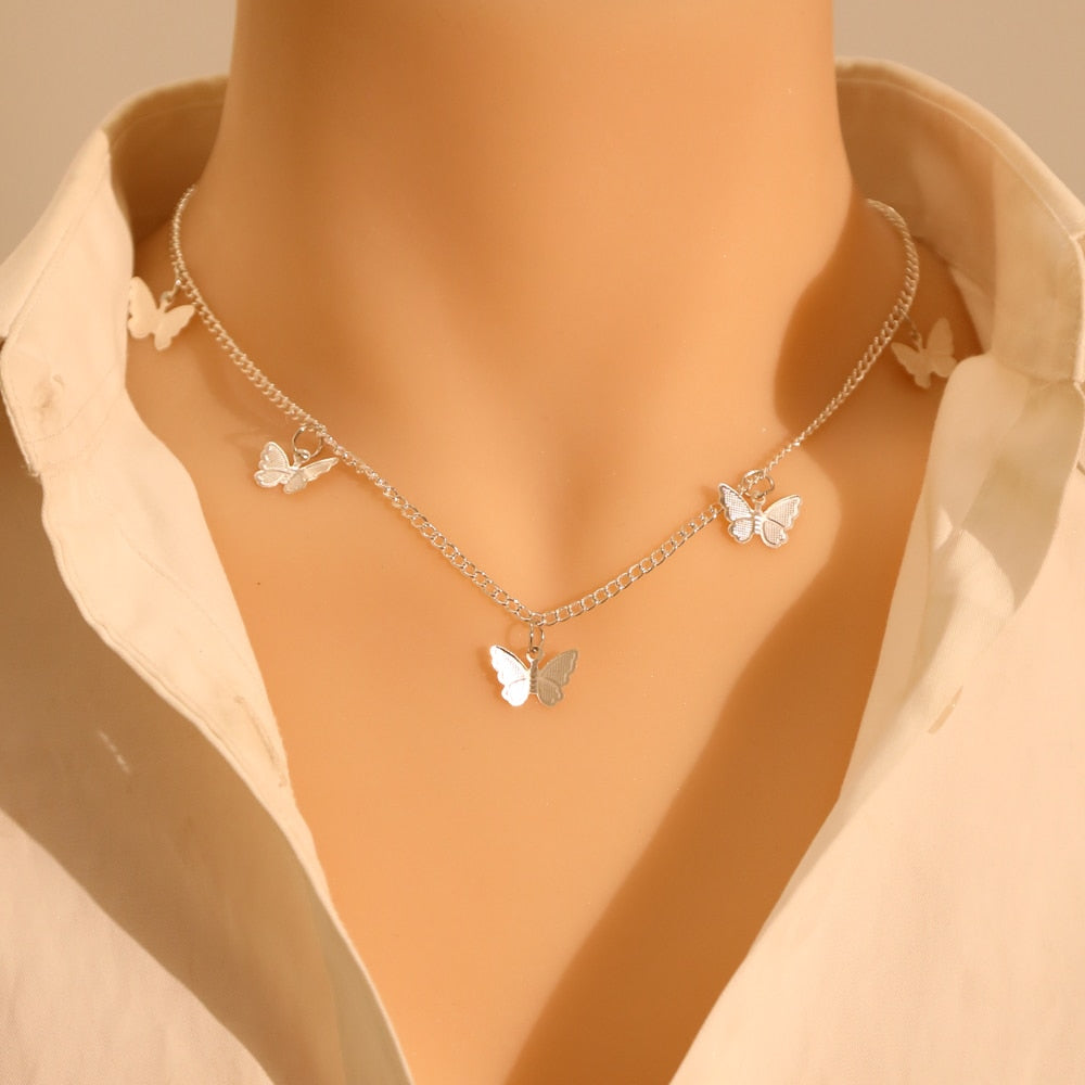LATS Gold Silver Color Chain Pendant Butterfly Necklace for Women Layered Charm Choker Necklaces Boho Beach Jewelry Gift