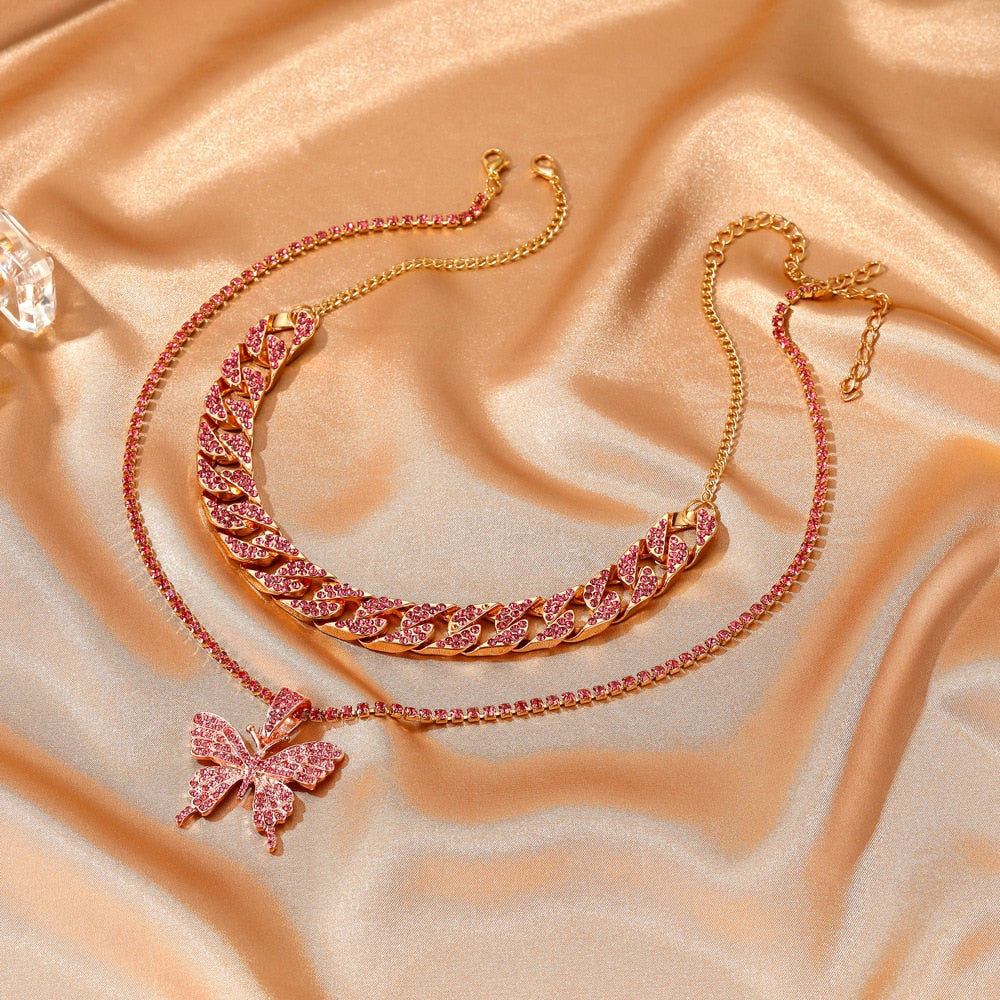 LATS Punk Cuban Double Layer Big Butterfly Pendant Necklace Full Rhinestone Gold Color Choker Thick Chain Necklace Women Jewelry