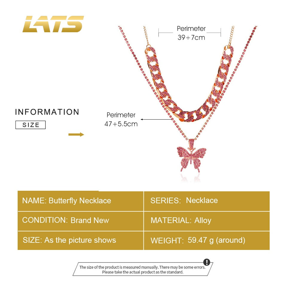 LATS Punk Cuban Double Layer Big Butterfly Pendant Necklace Full Rhinestone Gold Color Choker Thick Chain Necklace Women Jewelry