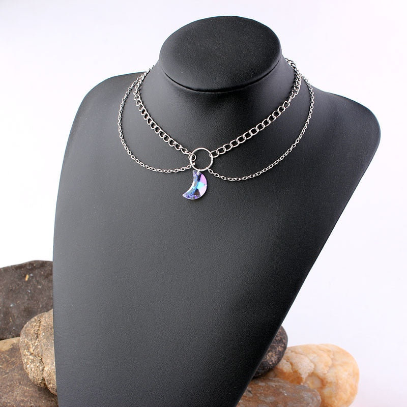 LE SKY  Crystal Moon Pendant Chain Multi-layer Necklace for Women Girl Gift Jewelry