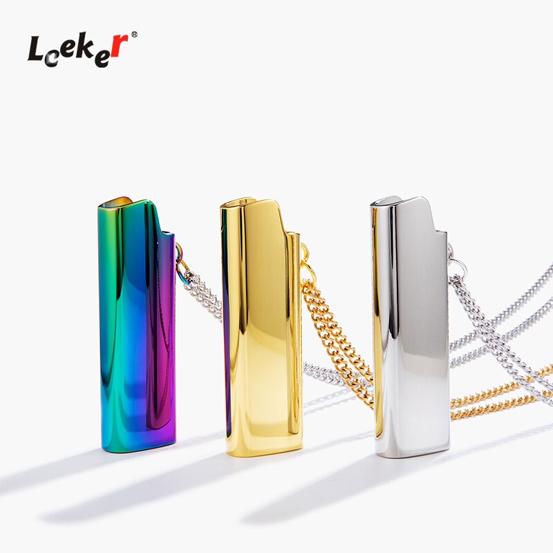 LEEKER 2021 trendy rainbow color lighter shell pendant stainless steel necklace for men gold silver color chain 302 LK1