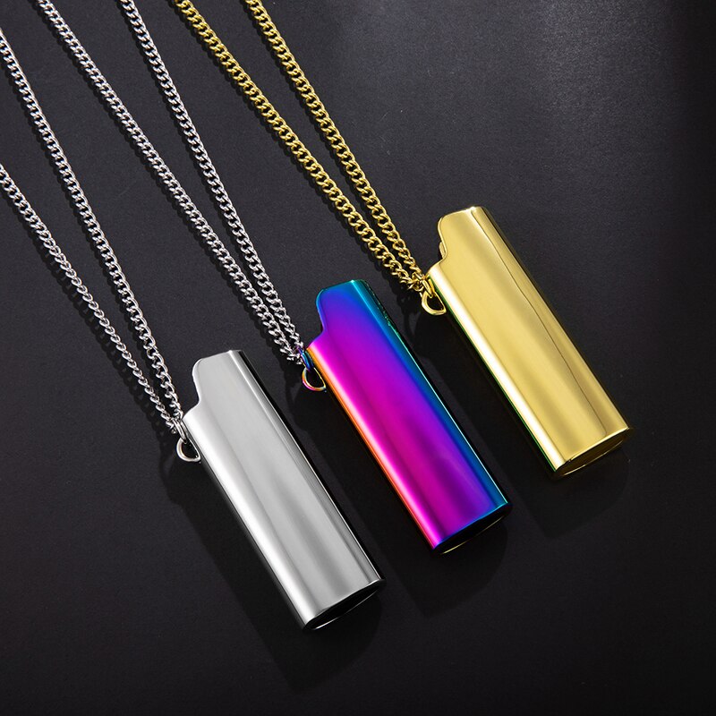 LEEKER 2021 trendy rainbow color lighter shell pendant stainless steel necklace for men gold silver color chain 302 LK1