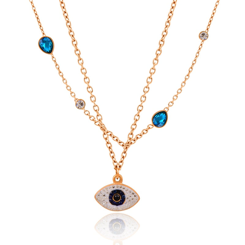 LEEKER Blue evil eye Cubic Zirconia jewelry Stainless Steel Necklace Gold Color Pendant Double Neck bijoux 332 K2