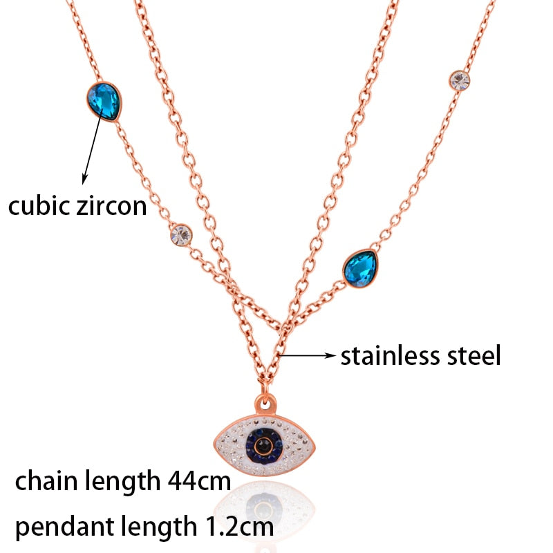 LEEKER Blue evil eye Cubic Zirconia jewelry Stainless Steel Necklace Gold Color Pendant Double Neck bijoux 332 K2