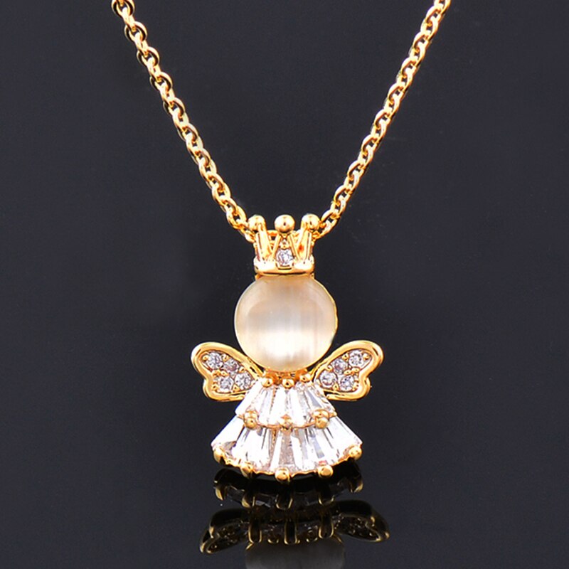 LEEKER Small Opal Angel Pendant Necklace With Cubic Zircon Stone Gold Silver Color Chain Women Accessories ZD1 LK2