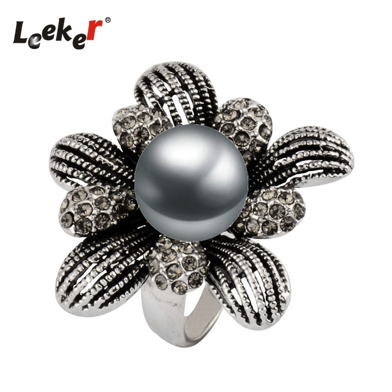 Vintage Gr Imitation Pearl Big Flower Rings For Women Antique Silver Color Female Retro Jewelry 93075 LK5
