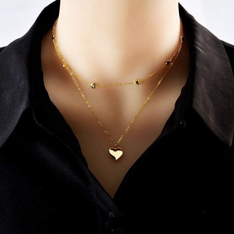 LEEKER korean style 2 layers stainless steel necklace for women love heart pendant jewelry Party accessories 281 LK6