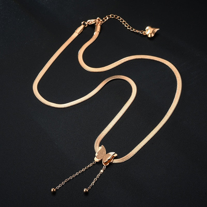 LEEKER rose gold color butterfly stainless steel necklace for women lady hip hop jewelry 341 LK6