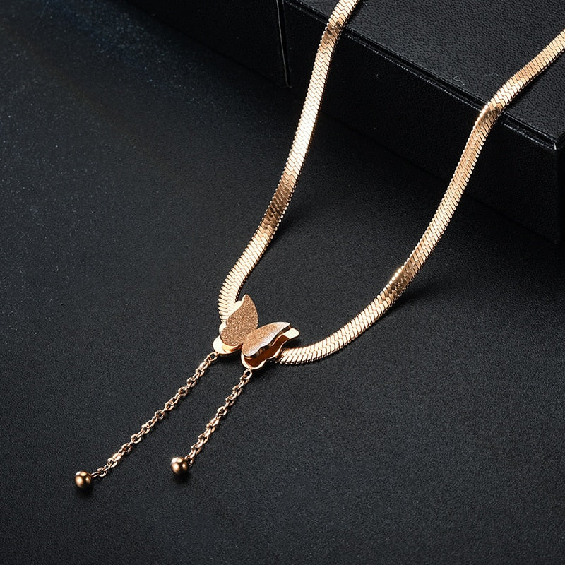 LEEKER rose gold color butterfly stainless steel necklace for women lady hip hop jewelry 341 LK6