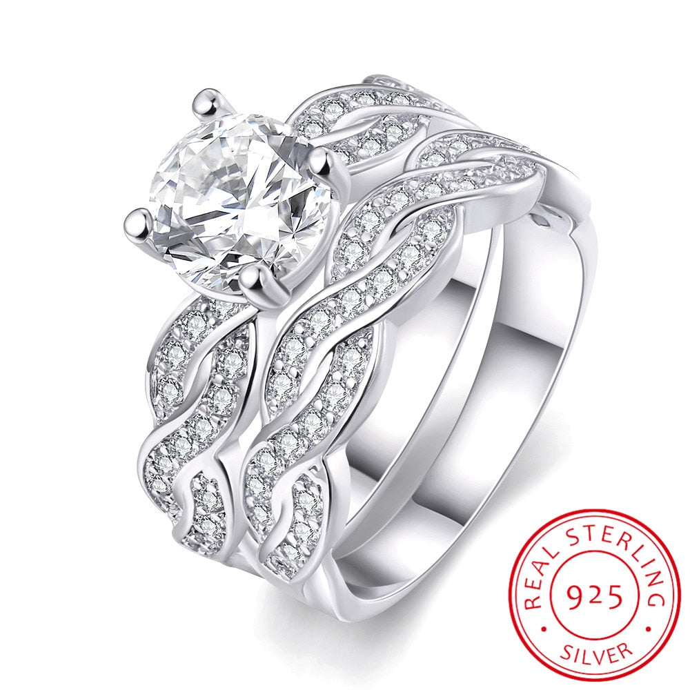 2pcs Wedding Band Ring Sets for Women 925 Sterling Silver Anniversary Engagement Ring 1.5ct Cubic Zirconia CZ Jewelry