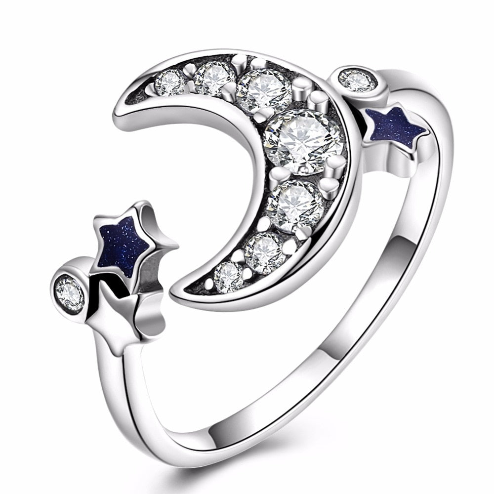 925 Sterling Silver Crescent Moon & Star Dazzling CZ Open Finger Ring for Women Wedding Engagement Fine Jewelry Gift