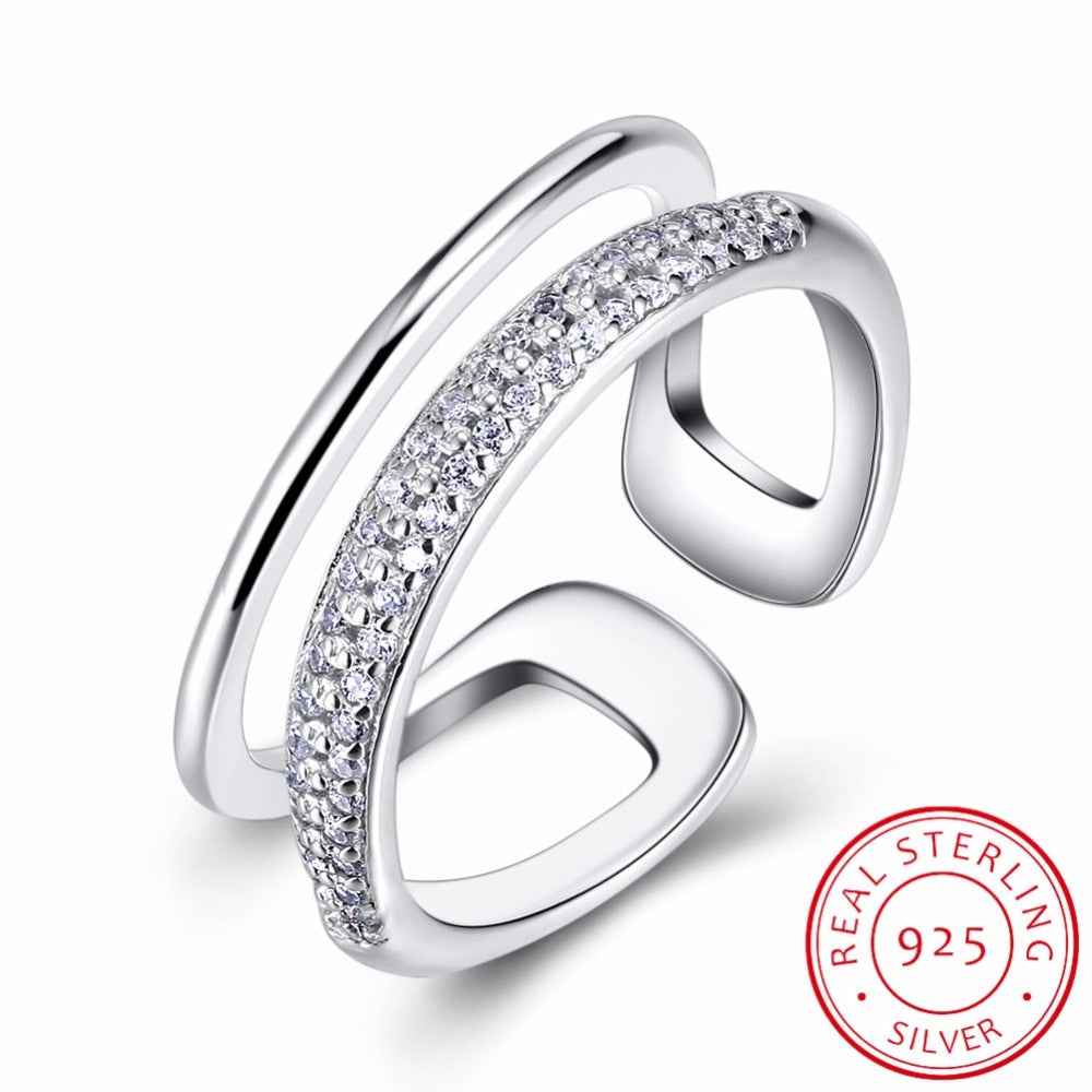 925 Sterling Silver Double Line Opening Rings Micro Pave Zirconia Elegant Ring Fine Jewelry for Anniversary Adjustable