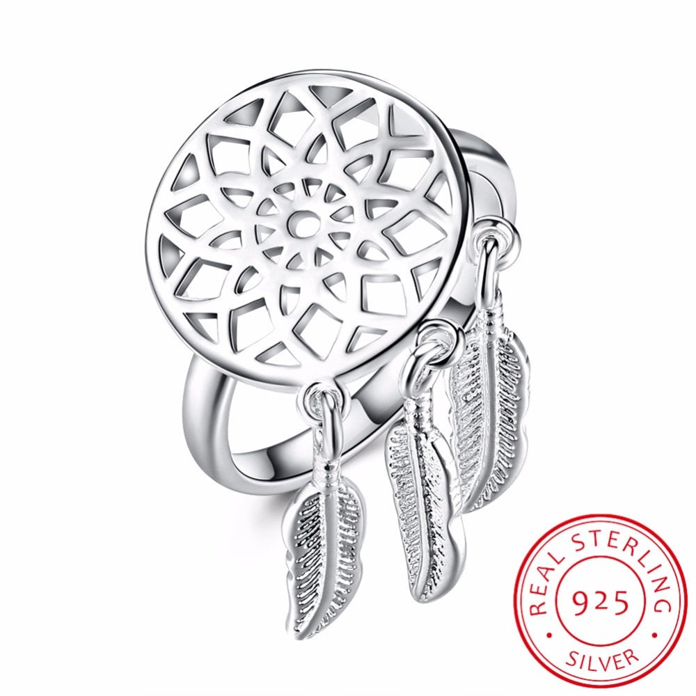 925 Sterling Silver Fine Jewelry Ethnic Brushed Tassel Dreamcatcher With Feathers Rings for Women Party Rings Gift