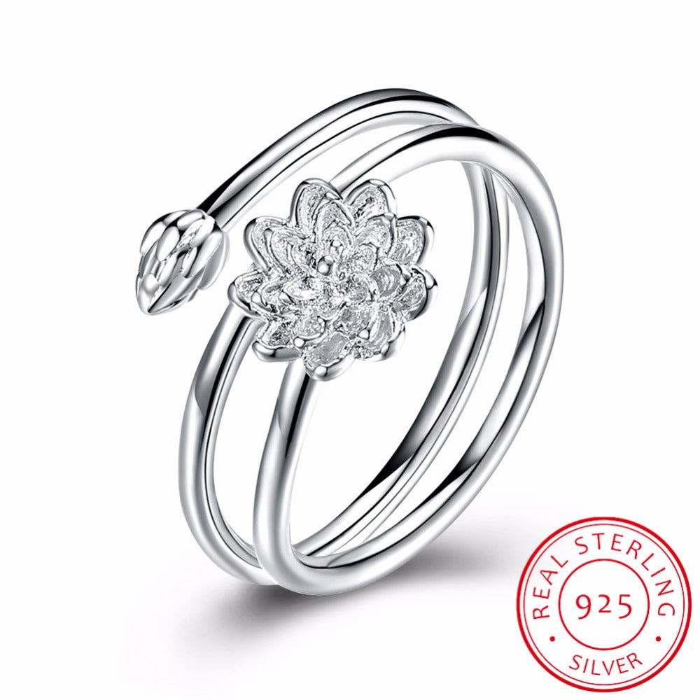 925 Sterling Silver Lotus Flowers Open Rings For Women Vintage Style Lady High-quality Fine Jewelry