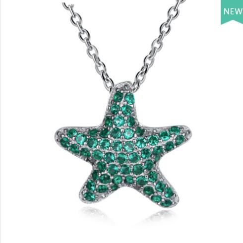 925 Sterling Silver Micro Pave Green Clear CZ Starfish Pendants Necklaces for Women Wedding Fine Jewelry Birthd Gifts
