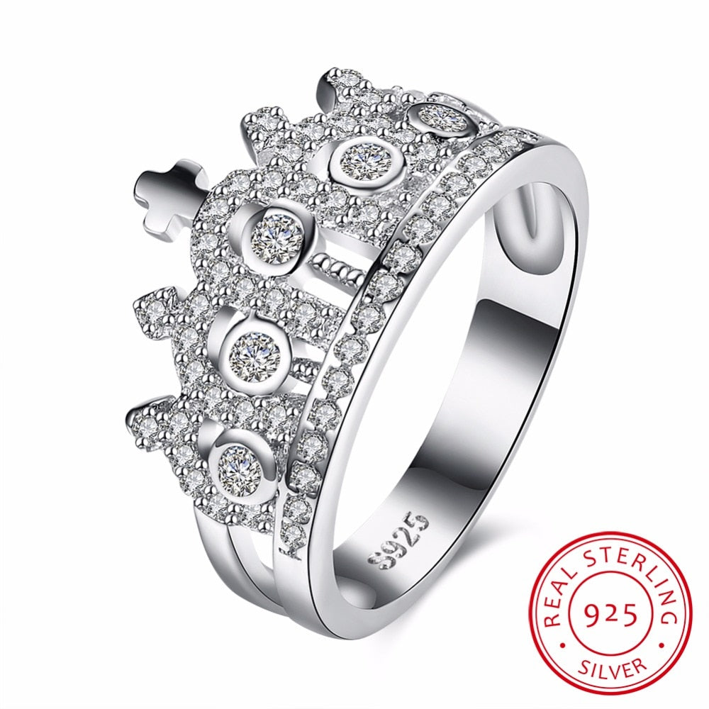 925 Sterling Silver My Princess Queen Crown Engagement Ring with Clear CZ Authentic Sterling-Silver-Jewelry