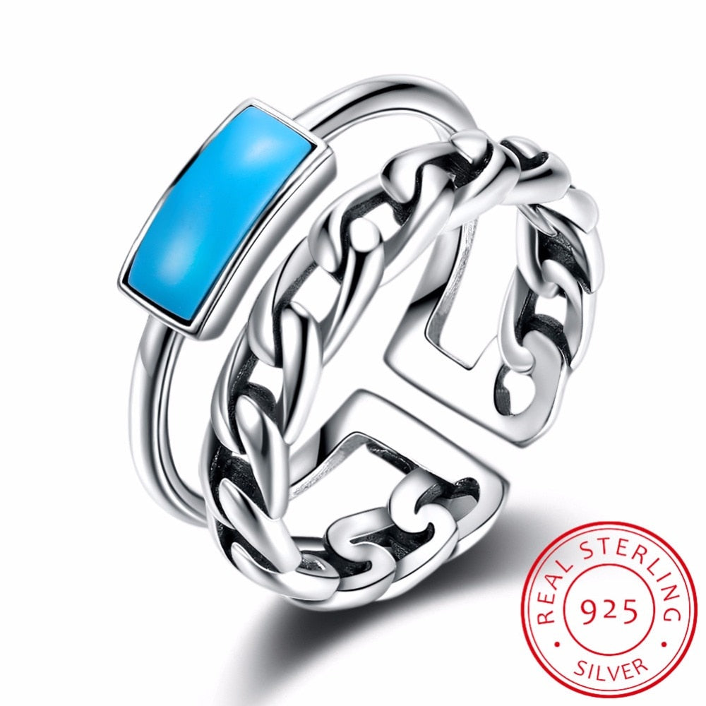 925 sterling silver Turquoise Ring with Blue Stone double layer Chian Style For Women Female rings Adjustable size