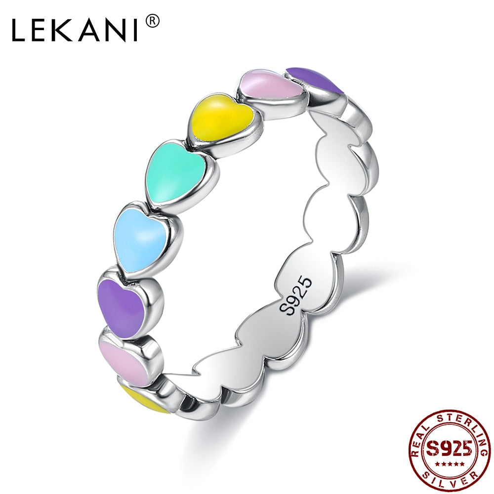 LEKANI Authentic 925 Sterling Silver Stackable Rainbow Heart Finger Rings For Women Romantic Engagement Ring Fine Jewelry