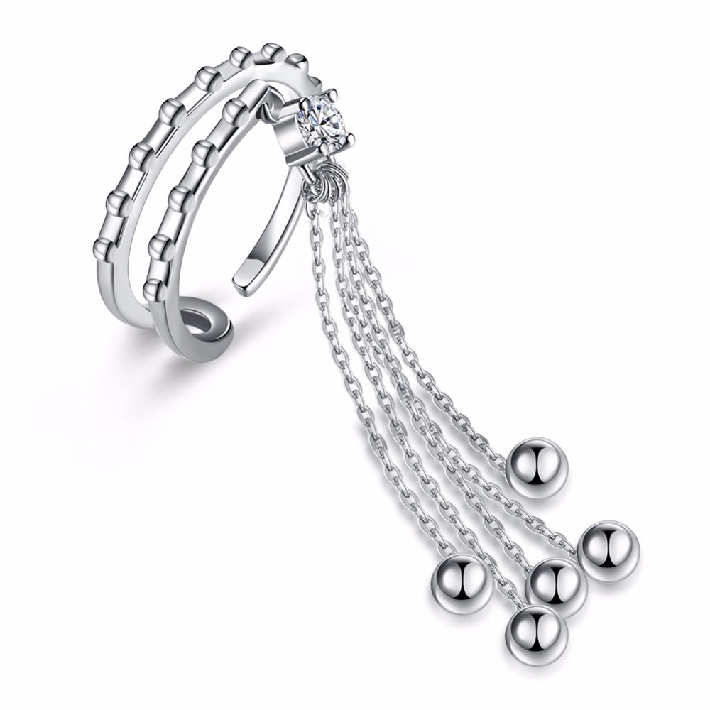 Authentic Original 925 Sterling Silver Tassel and Bead Stylish Band Cuff Adjustable Cuff Ring Woman & Lady Fine Jewlery