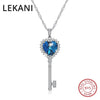 Crystals From SWAROVSKI Blue Purple Heart Key Pendant Necklaces Real 925 Silver Fine Jewelry For Women Chic GIFT