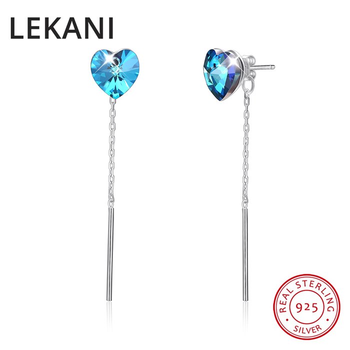 Crystals From SWAROVSKI New Heart Shaped Stud Earrings Long Chain Piercing S925 Silver Fine Jewelry For Women