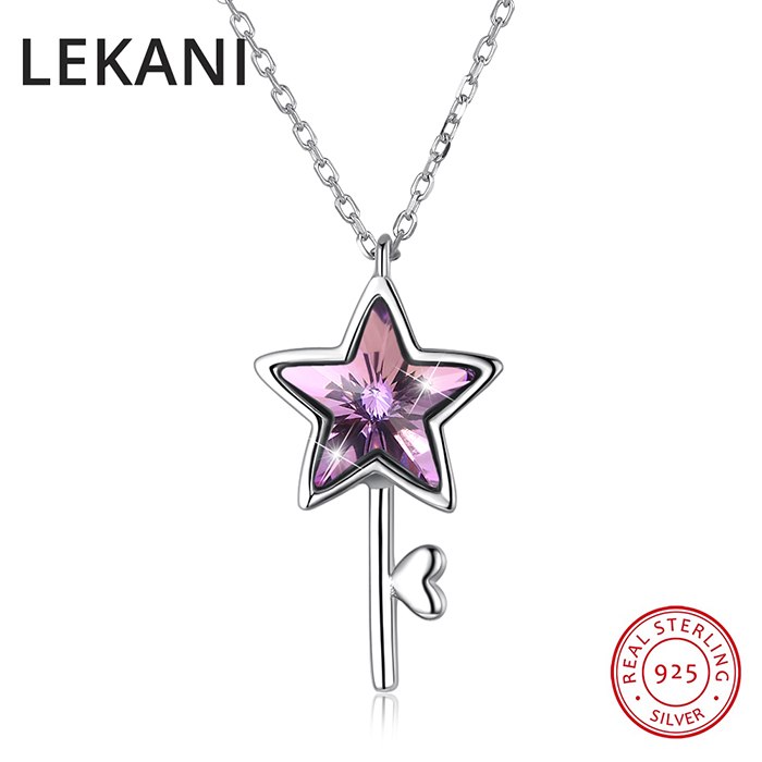 Crystals From Swarovski Blue Purple Star Key Pendant Necklaces Real 925 Silver Fine Jewelry For Women Girls Chic GIFT