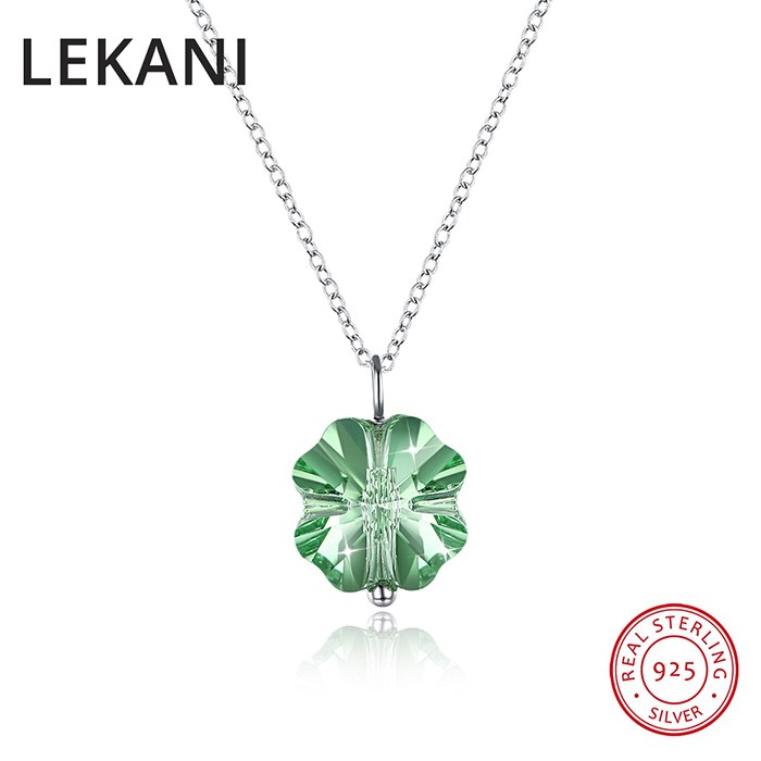 Crystals From Swarovski Lucky Green Clover Pendant Necklace For Women Girls Real S925 Silver Fine Collares Christmas Gift