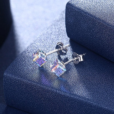 Crystals From Swarovski Mini Simple Square Stud Earrings Real S925 Silver For Women Girls Piercing Trendy Accessories