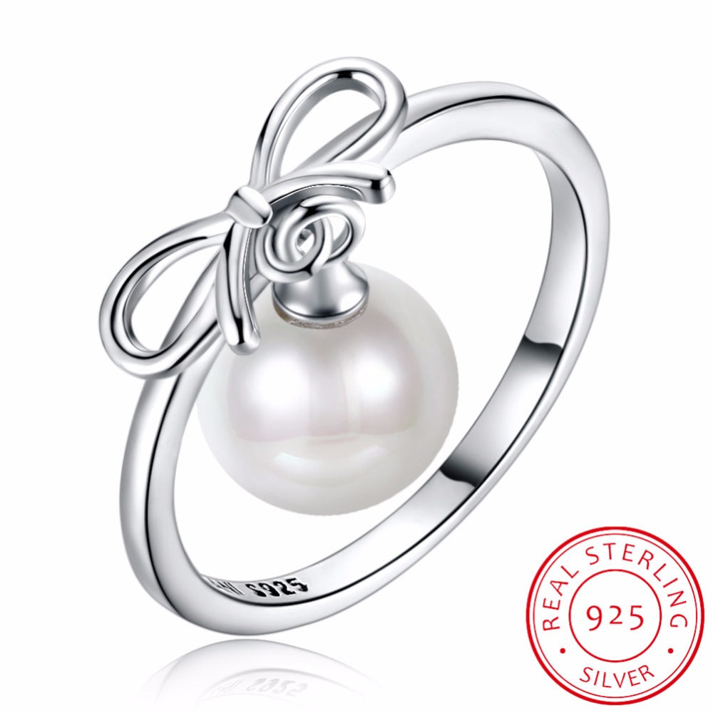 Elegance Bowknot Ring 925 Sterling Silver Ring 7-8mm White Freshwater Pearl Ring Fine Jewelry 2020 New
