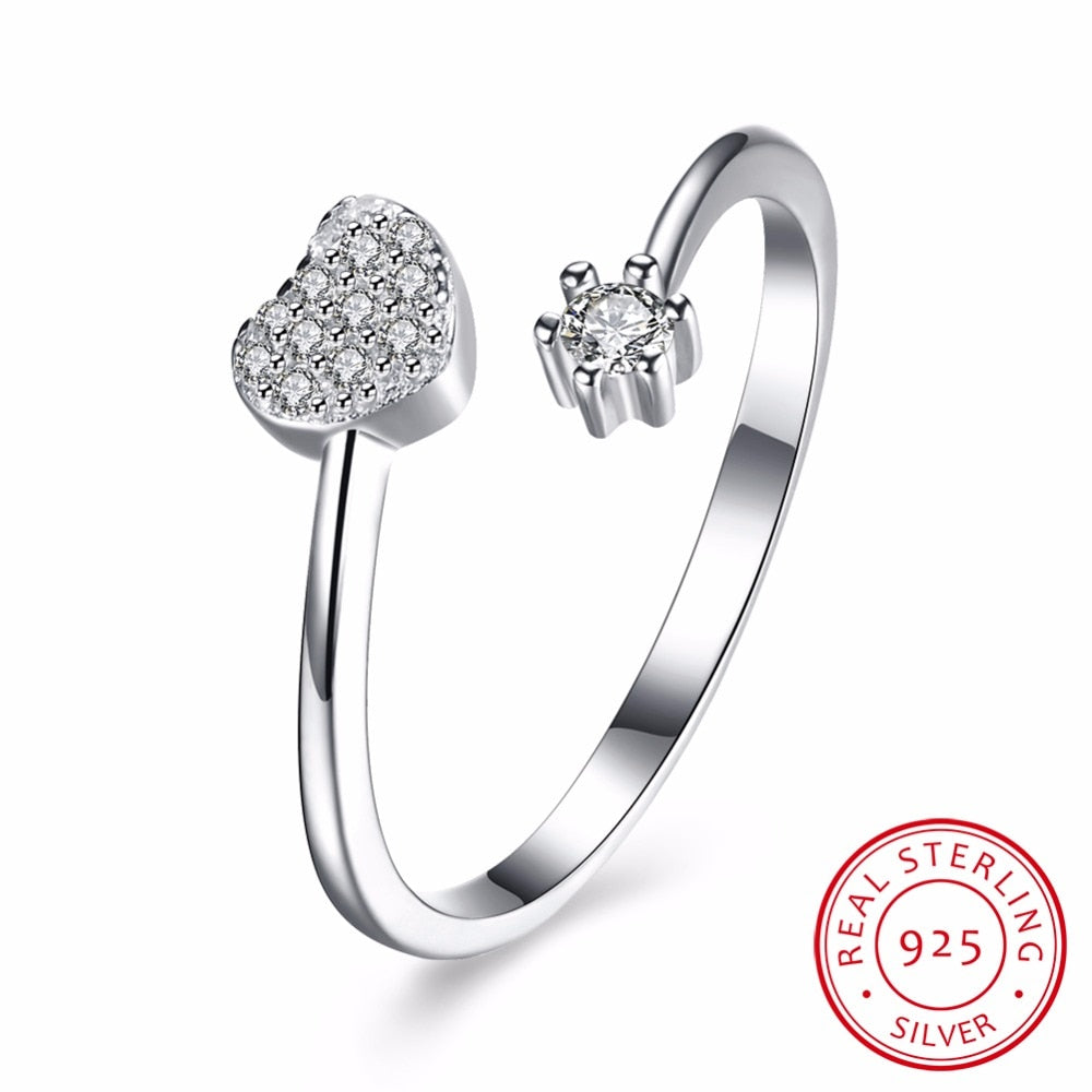 Fashion Silver 925 Adjustable Rings Heart Design Sterling Silver Ring with Austrian Cubic Zirconia for Women Fine Jewelry