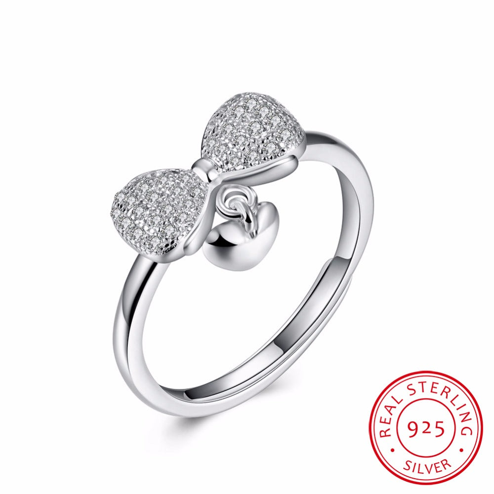 Female Bowknot Heart Charm Ring 925 Sterling Silver Adjustable Ring Promise Engagement Rings For Women New Year Gift
