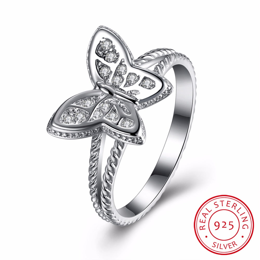 Fine Silver 925 Size 6 7 8 Rings Butterfly Design Sterling Silver Ring Paved Clear Austrian Cubic Zirconia for Women