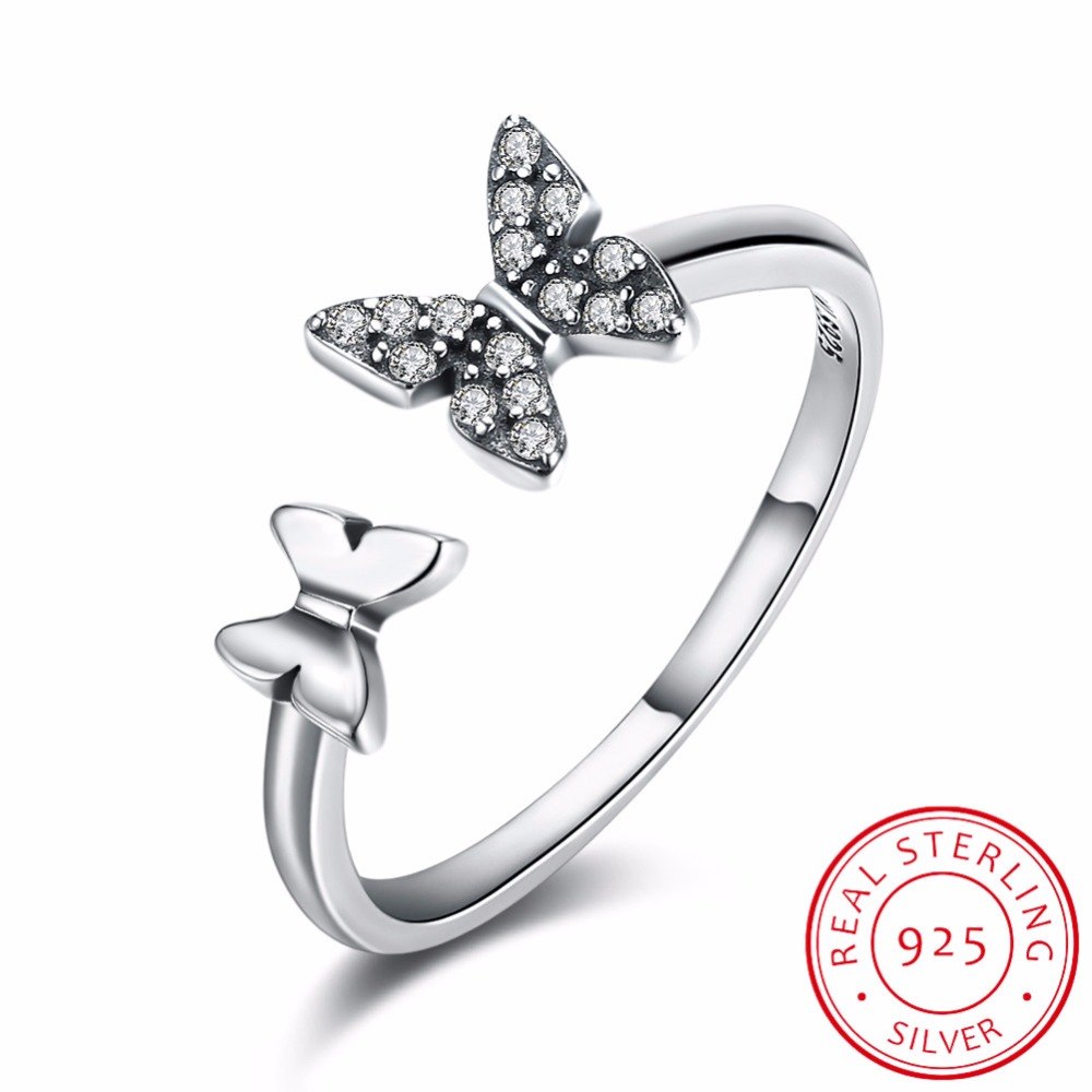 Full Cubic Zirconia 925 Sterling Silver Double Butterfly Open Ring For Women Original Handmade Lady Fine Jewelry