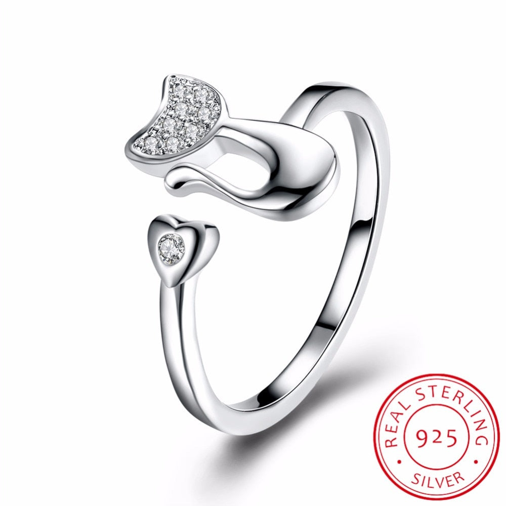 High Quality 925 Sterling Silver Ring Cubic Zirconia Crystal Inlaid Cute Animal Cat Ring for Women/Girls Fine Jewelry