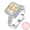 Luxury Big Square Yellow Crystal Paved Micro Cubic Zirconia 925 Sterling Silver Rings for Women Wedding Fine Jewelry