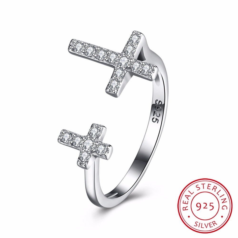 Minimalist Resizable Stamped S925 Silver Rings for Women Gift 925 Sterling-silver-jewelry Clear CZ Double Cross Open Ring