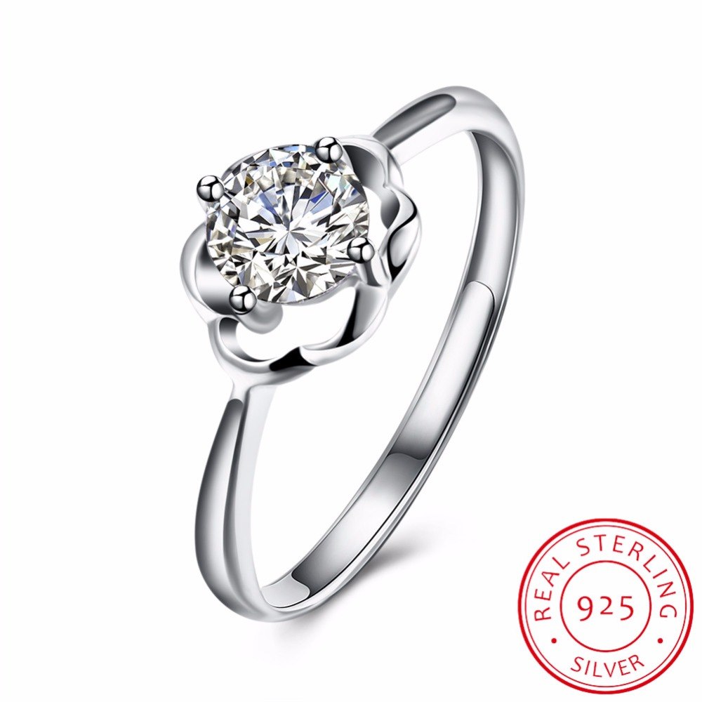 New Crystal Flower Ring Genuine 925 Sterling Silver Elegant Rings for Women Lover Party Wedding Gift Fine Jewelry
