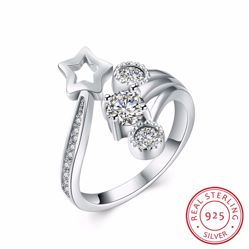 Newest 925 Sterling Silver Women Opening Ring Star Shape Wedding Engagement Party Promise Zirconia Ring Hot Sale