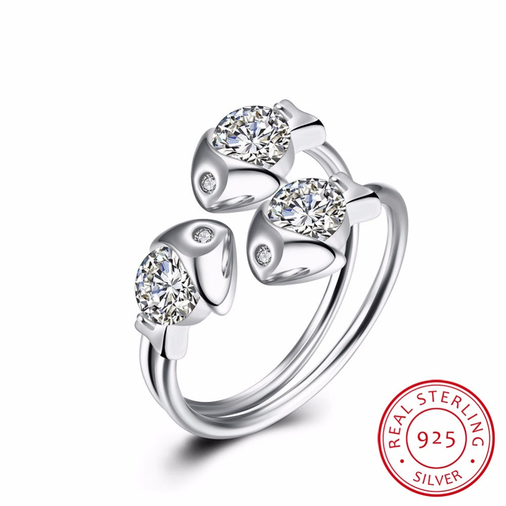 Real 925 Sterling Silver Fish Rings for Women Adjustable Wedding Ring Fashion sterling-silver-jewelry Girls Gift