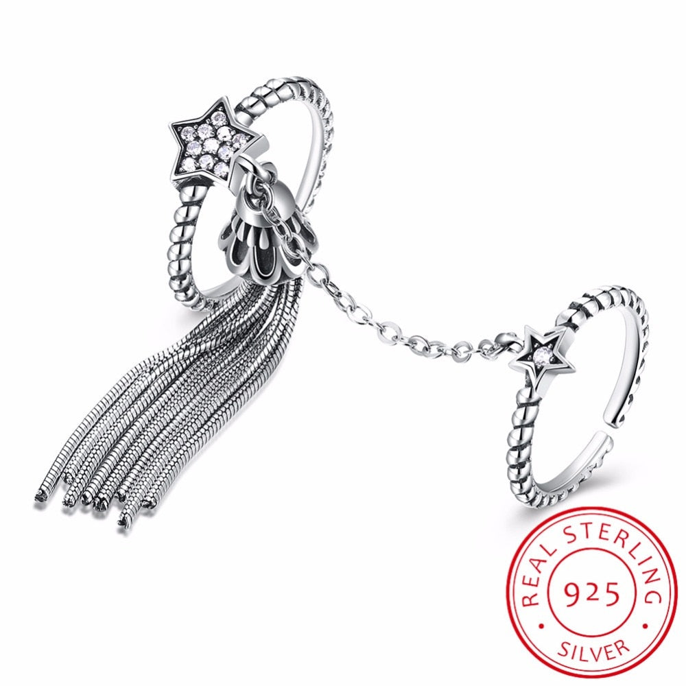 Real 925 Sterling Silver Meteor And Romantic tassel Double Star Rings For Women Luxury Vintage Fine Jewelry