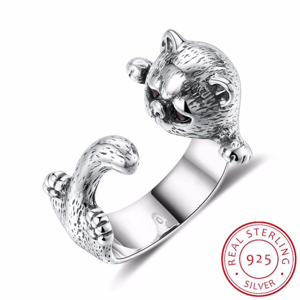 Retro Fine Jewelry Silver Cute Cat 925 Sterling Silver Adjustable Size Unique Vintage 3D Cat Ring for Women Gift Wholesae