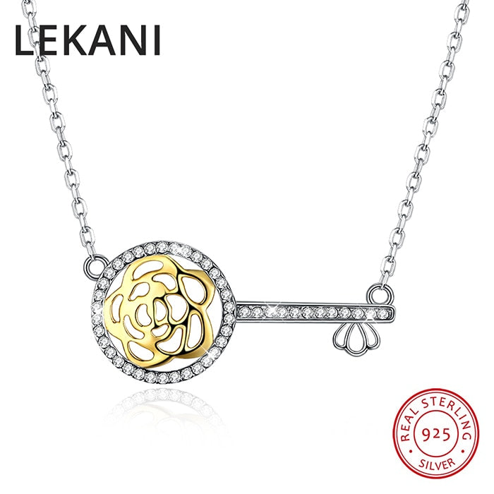 Romantic Rose Key Necklace Pendant For Women Crystals From Swarovski Chic Real S925 Silver Chain Fine Engagement Jewelry