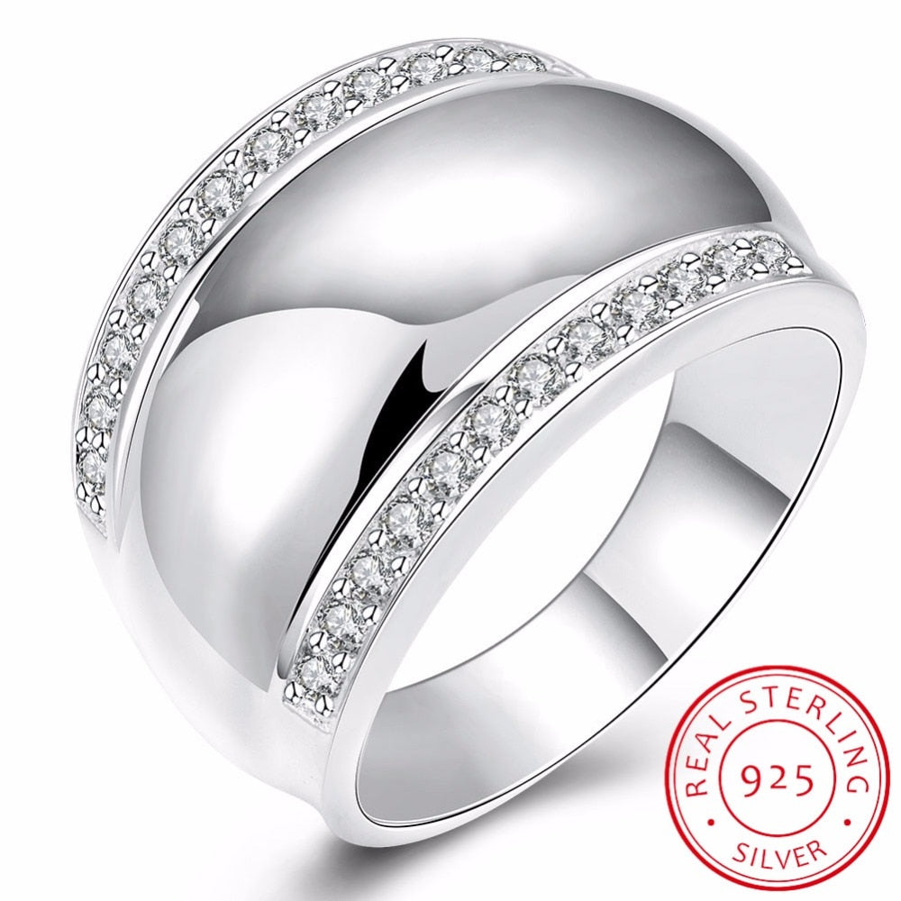 Simple Big Wide Band Full Little Round Crystal Ring High Quality 925 Sterling Silver Brand Jewelry for Men Women