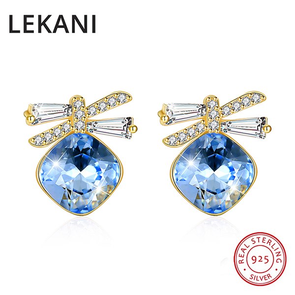 Square Crystals From Swarovski New Design 18K Gold Plated Bowknot Stud Earrings S925 Silver Jewelry For Women Girls Gifts