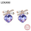 Square Crystals From Swarovski New Design 18K Gold Plated Bowknot Stud Earrings S925 Silver Jewelry For Women Girls Gifts
