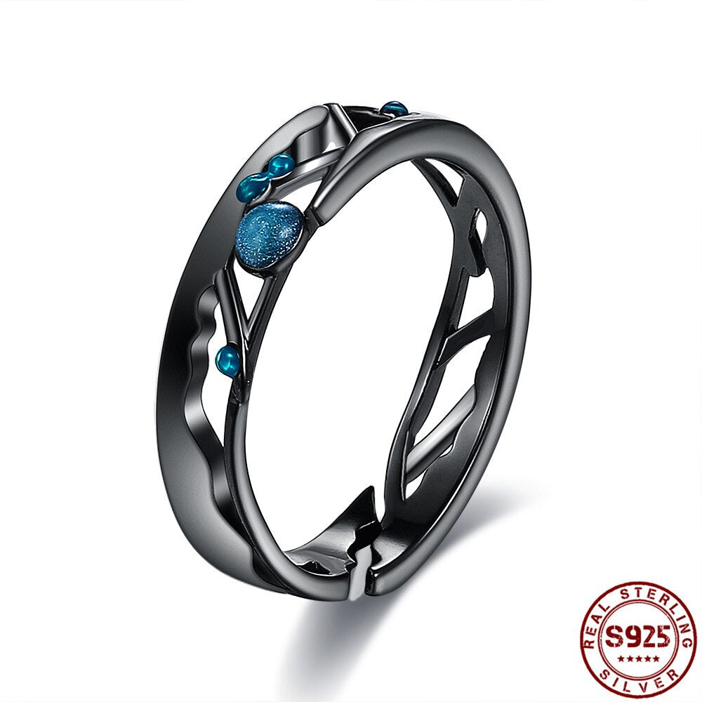 LEKANI Sterling Silver 925 Jewelry Black Rings Women Bright Cubic Zirconia Adjustable Couple Ring Vintage Bohemian Retro Gift