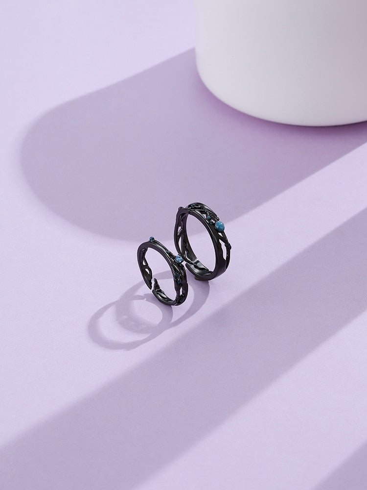 LEKANI Sterling Silver 925 Jewelry Black Rings Women Bright Cubic Zirconia Adjustable Couple Ring Vintage Bohemian Retro Gift